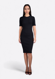Model wearing black short sleeve crew neck dress with embroidery East Vibe